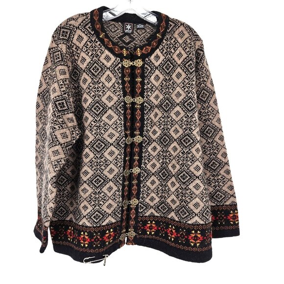 SKYR Sweater Womens 2X Black Beige Wool Nordic Cardigan Hook Closure Floral Knit - Picture 1 of 10